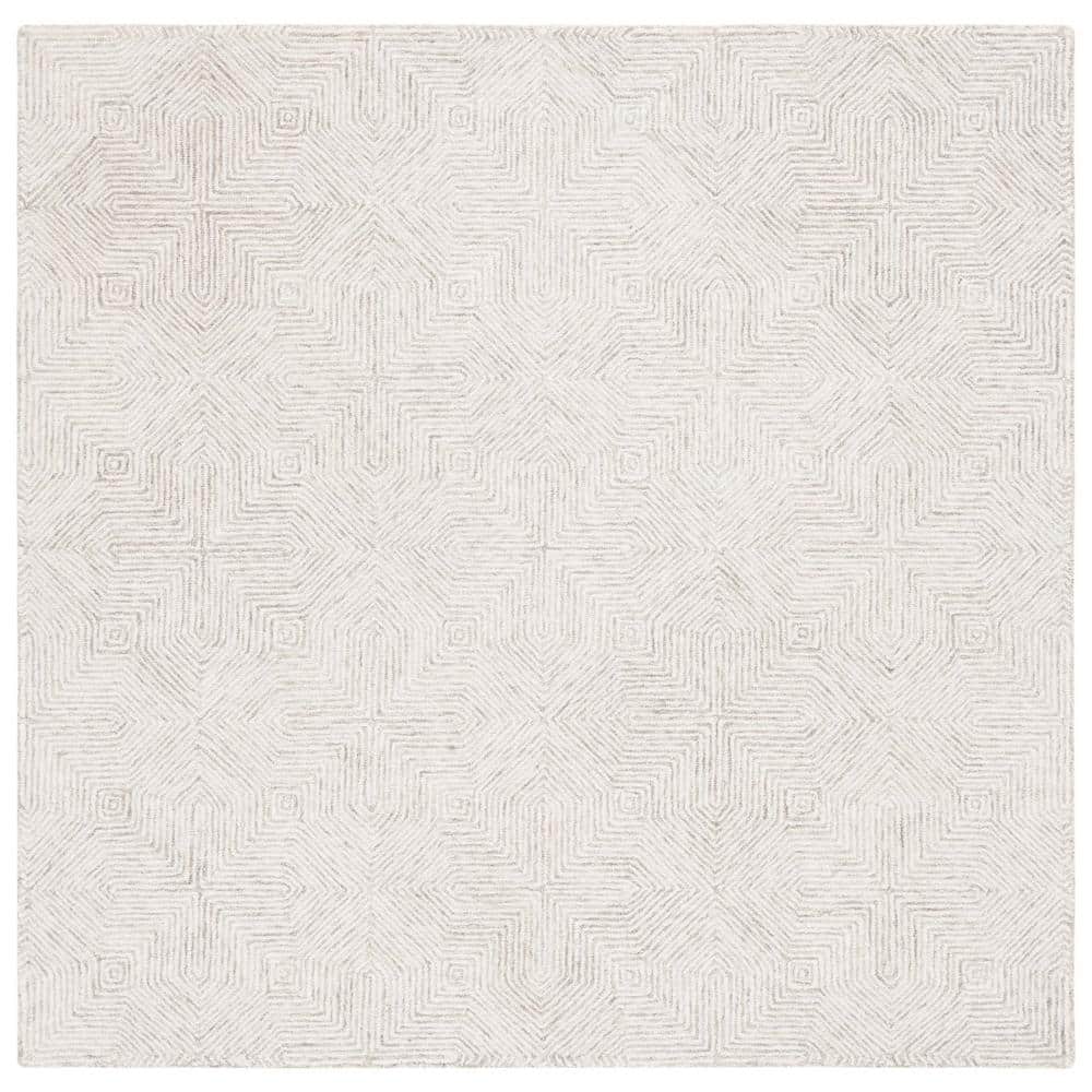 Gray and Ivory Geometric Tufted Wool Square Area Rug, 6' x 6'