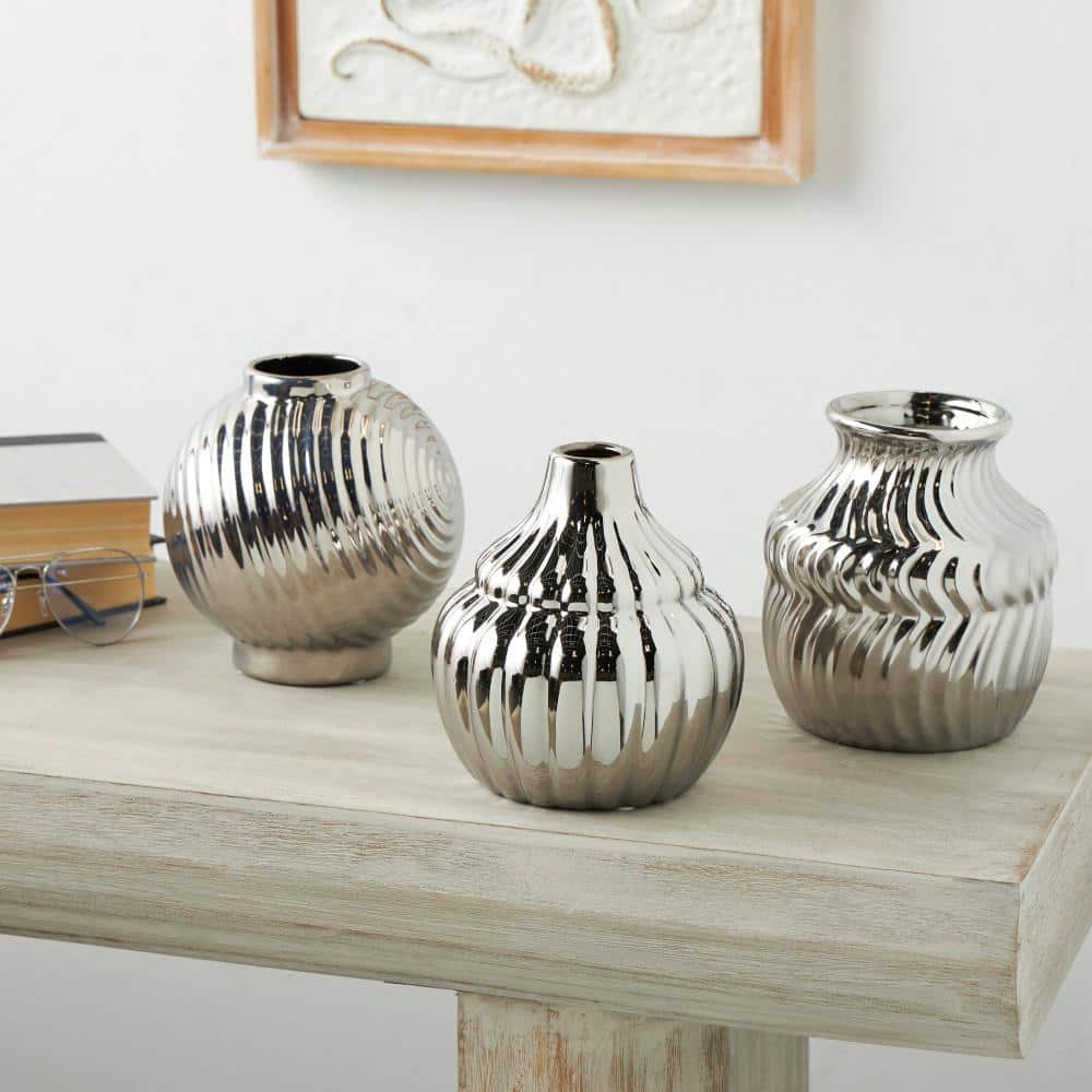 Silver Small Textured Ceramic Abstract Decorative Vase with Varying Shapes and Patterns (Set of 3) price history on PriceWatchPro