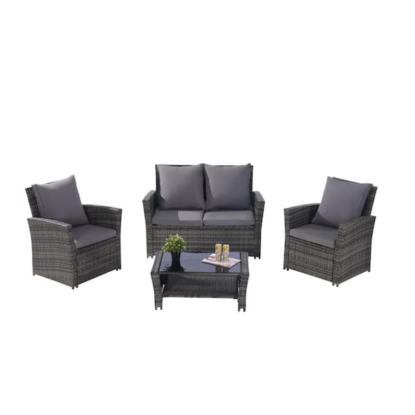 Angel Sar 4-Piece Dark Gray Wicker Patio Conversation Set with Tempered Glass Coffee Table and Dark Gray Cushions