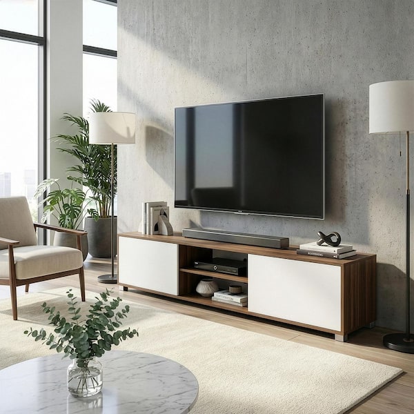 Annie 71 in. Walnut and White Composite TV Stand Fits TVs Up to 99 in. with Storage Doors