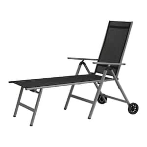 Grey Metal Outdoor Adjustable Chaise Lounge Chair Recliner with Armrest and Wheels for Poolside Beach Patio