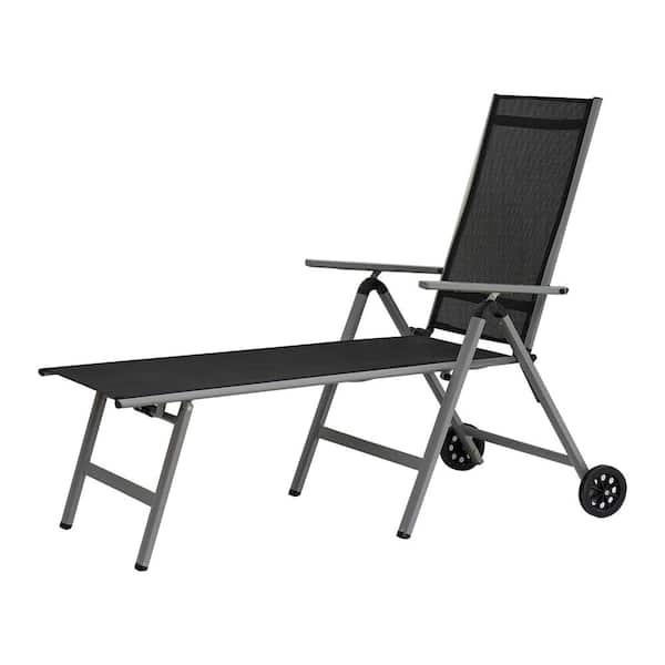 Endark Grey Metal Outdoor Adjustable Chaise Lounge Chair Recliner with Armrest and Wheels for Poolside Beach Patio