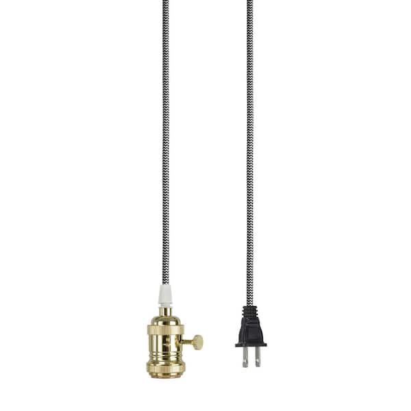 Aspen Creative Corporation 1-Light Polished Brass Vintage Plug-in Hanging Socket Pendant Fixture with Black and White Textile Cord