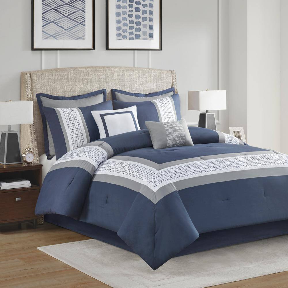 King Navy Microfiber 8-Piece Embroidered Comforter Set