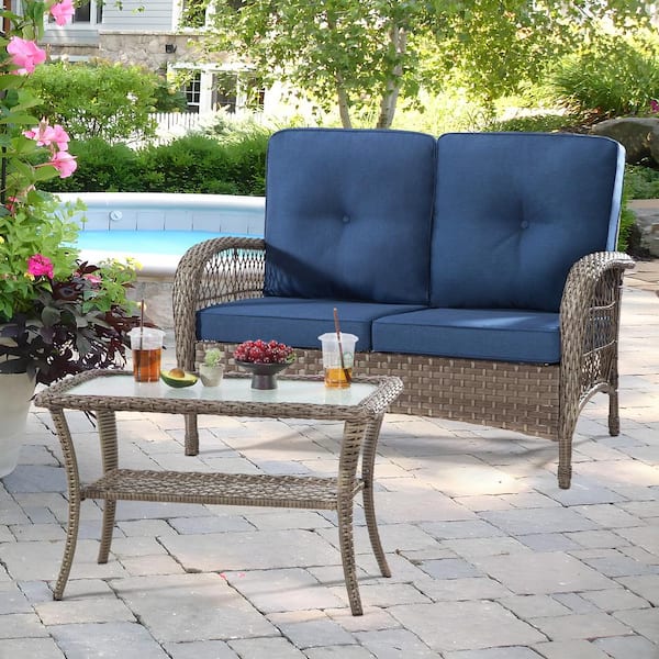 2-Piece Wicker Outdoor Patio Loveseat Conversation Set with Blue Cushions and Coffee Table