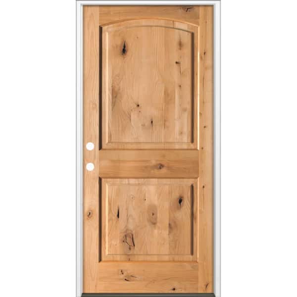 32 in. x 80 in. Rustic Knotty Alder 2-Panel Arch Top Right-Hand/Inswing BEHR Cedar Stain Wood Prehung Front Door
