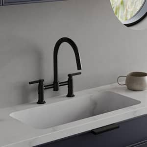 Modern Double-Handle 2-Holes Deck Mount Bridge Kitchen Faucet with 360 Swivel Spout Sink Faucet in Matte Black