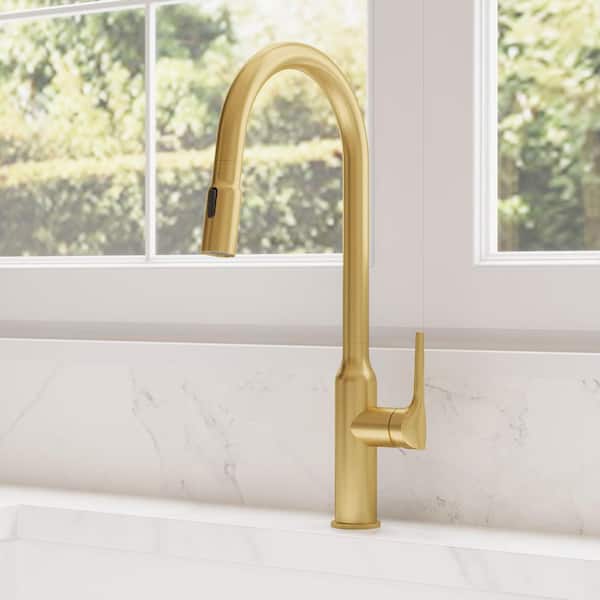Single Handle 19.8 in. H Pull down Sprayer Kitchen Faucet with 2-Function 360° Swivel Spout in Brushed Gold