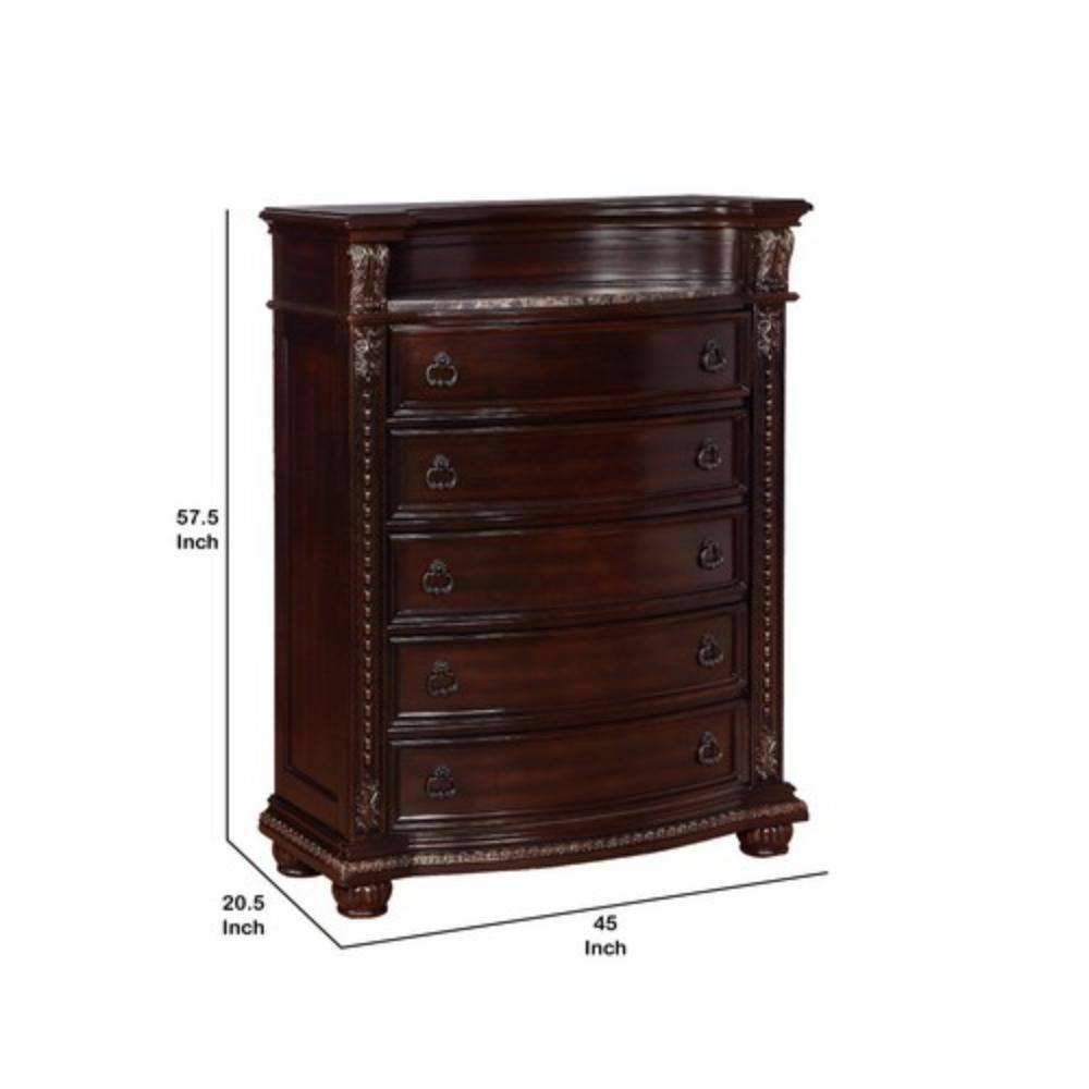 Cherry Brown 5-Drawer Solid Wood Chest with Marble Top