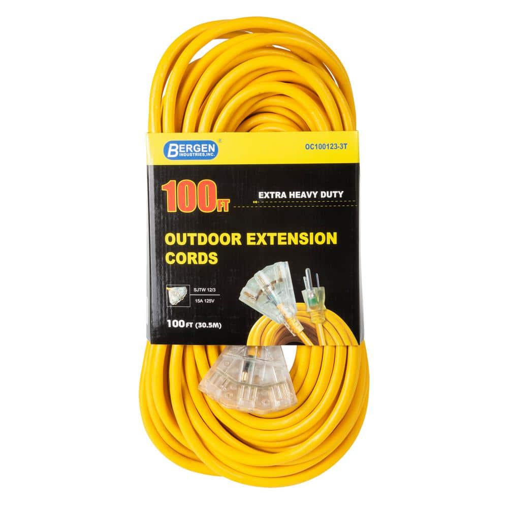 Extra Heavy Duty Outdoor Indoor Extension Cord 12-Gauge Electrical Yellow 100 ft 