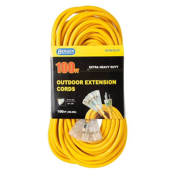 Bergen Industries 100 ft. 12/3 SJTW 15 Amp/125-Volt Outdoor Triple Tap Extension Cord, Yellow