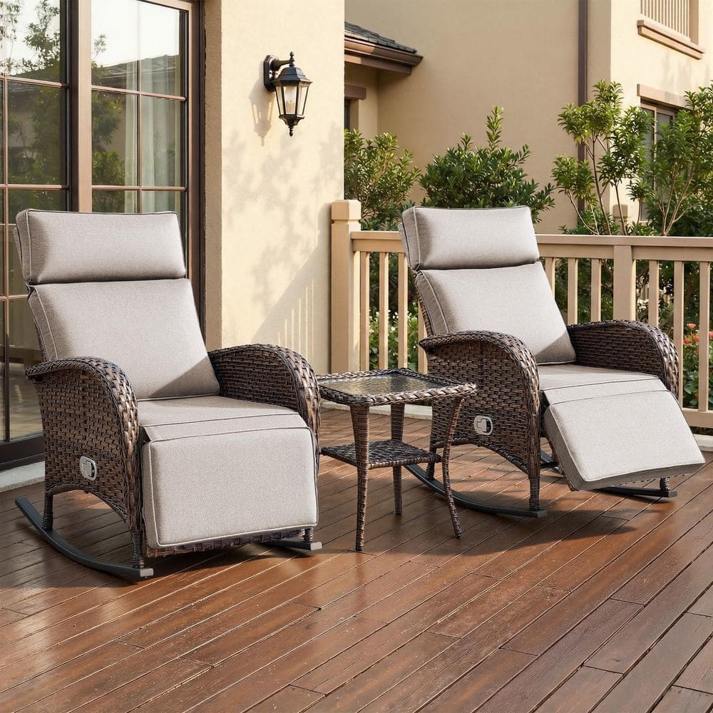 Luna 3-Piece Brown Wicker Outdoor Adjustable Rocker Recliner with Beige Cushions and Side Table price history on PriceWatchPro
