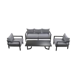 4-Piece Outdoor Black Metal Patio Conversation Set with Light Gray Cushions and Coffee Table for Garden, Lawn and Deck