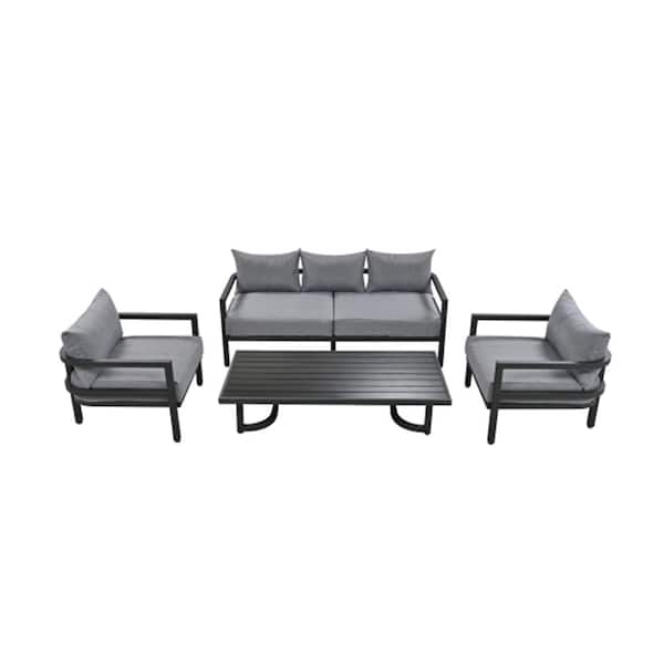 ITOPFOX 4-Piece Outdoor Black Metal Patio Conversation Set with Light Gray Cushions and Coffee Table for Garden, Lawn and Deck