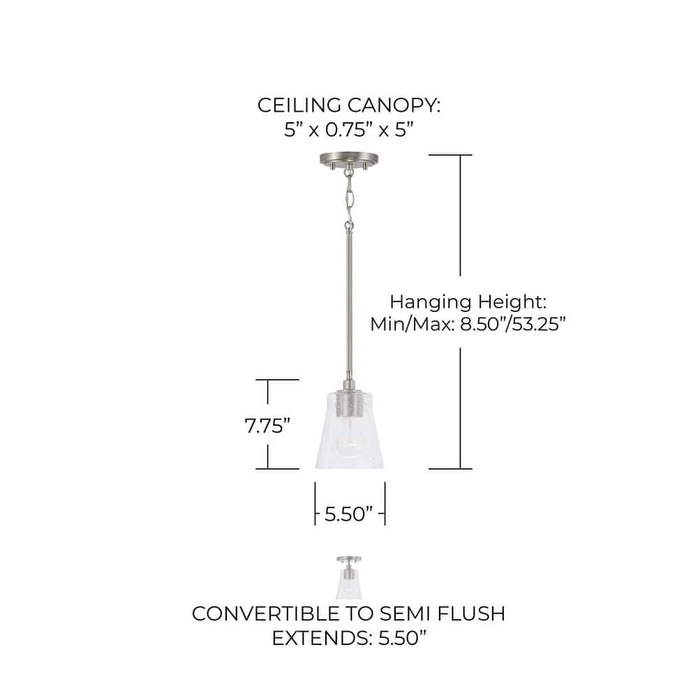 Brushed Nickel Mini Pendant with Clear Seeded Glass Shade