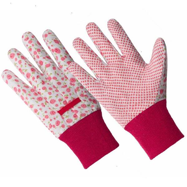 HANDS ON Ladies Small/Medium Pink Flower Poly/Cotton Blend Gloves with PVC Dotted Palm and Knit Wrist