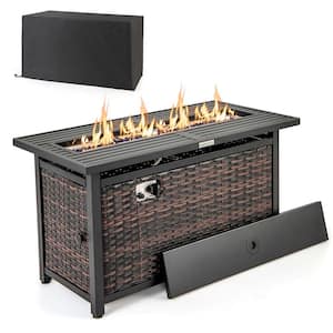 Wicker Propane Fire Pit Table with Glass Stones and Protective Cover Metal Frame