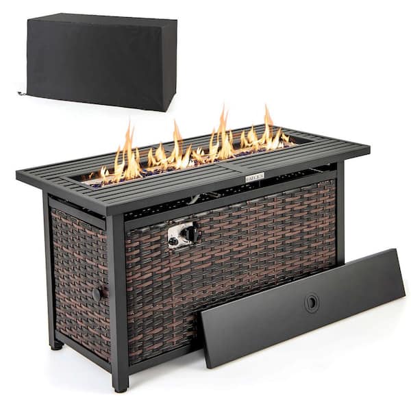 Costway Wicker Propane Fire Pit Table with Glass Stones and Protective Cover Metal Frame