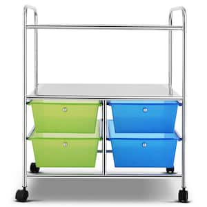 4-Drawer Plastic Rolling Storage Cart Metal Rack Organizer Shelf with Wheels Green+Blue
