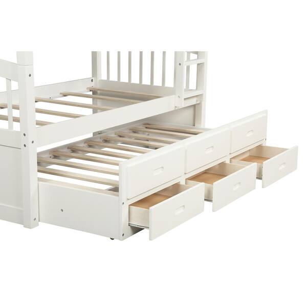 Harper Bright Designs White Twin Over Twin Wood Bunk Bed With Trundle And Drawers Sm000093aak The Home Depot