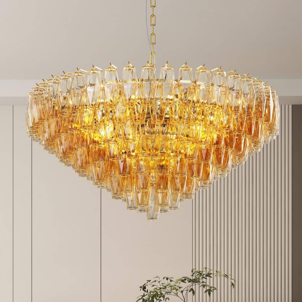 37 in. 14-Light Gold Modern Round Chandelier Iron Ceiling Light with 4-Tiers Smoke Glass Shades for Bedroom, Dining Room price history on PriceWatchPro