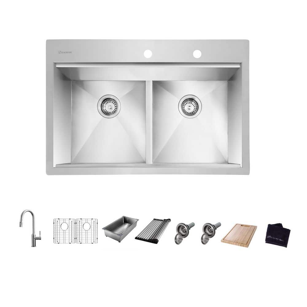 Zero Radius 33 in. Drop-In 50/50 Double Bowl 18 Gauge Stainless Steel Workstation Kitchen Sink with Pull-Down Faucet