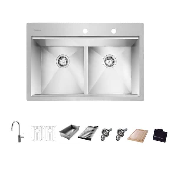 Glacier Bay Zero Radius 33 in. Drop-In 50/50 Double Bowl 18 Gauge Stainless Steel Workstation Kitchen Sink with Pull-Down Faucet