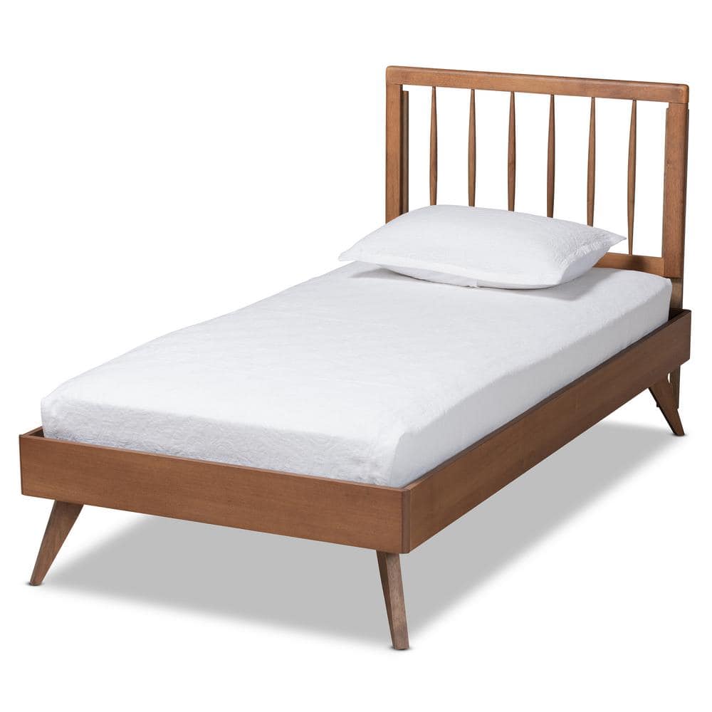 Ash Walnut Twin Wood Frame Bed with Spindle Headboard