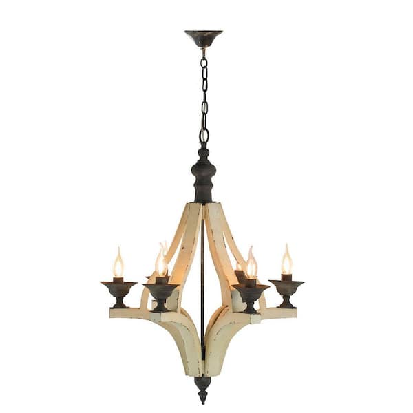 CottaIron 6-Light Distressed White Pendant with Adjustable Chain Wood Chandelier for Hallway, with No Bulbs Included