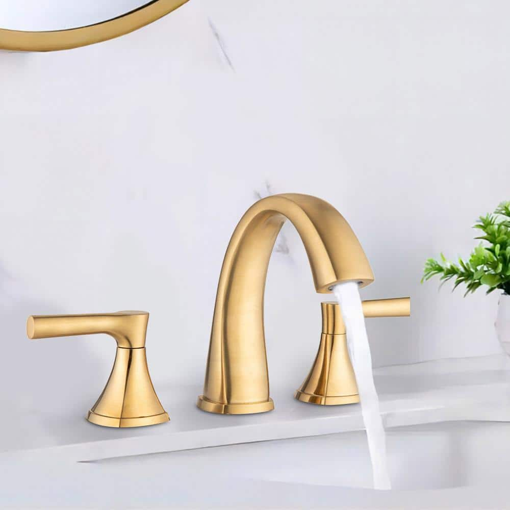 Modern 8 in. Widespread Double Handle 360° Swivel Spout Bathroom Faucet with Drain Kit Included in Brushed Gold -  UPIKER, UP2301SFG0020