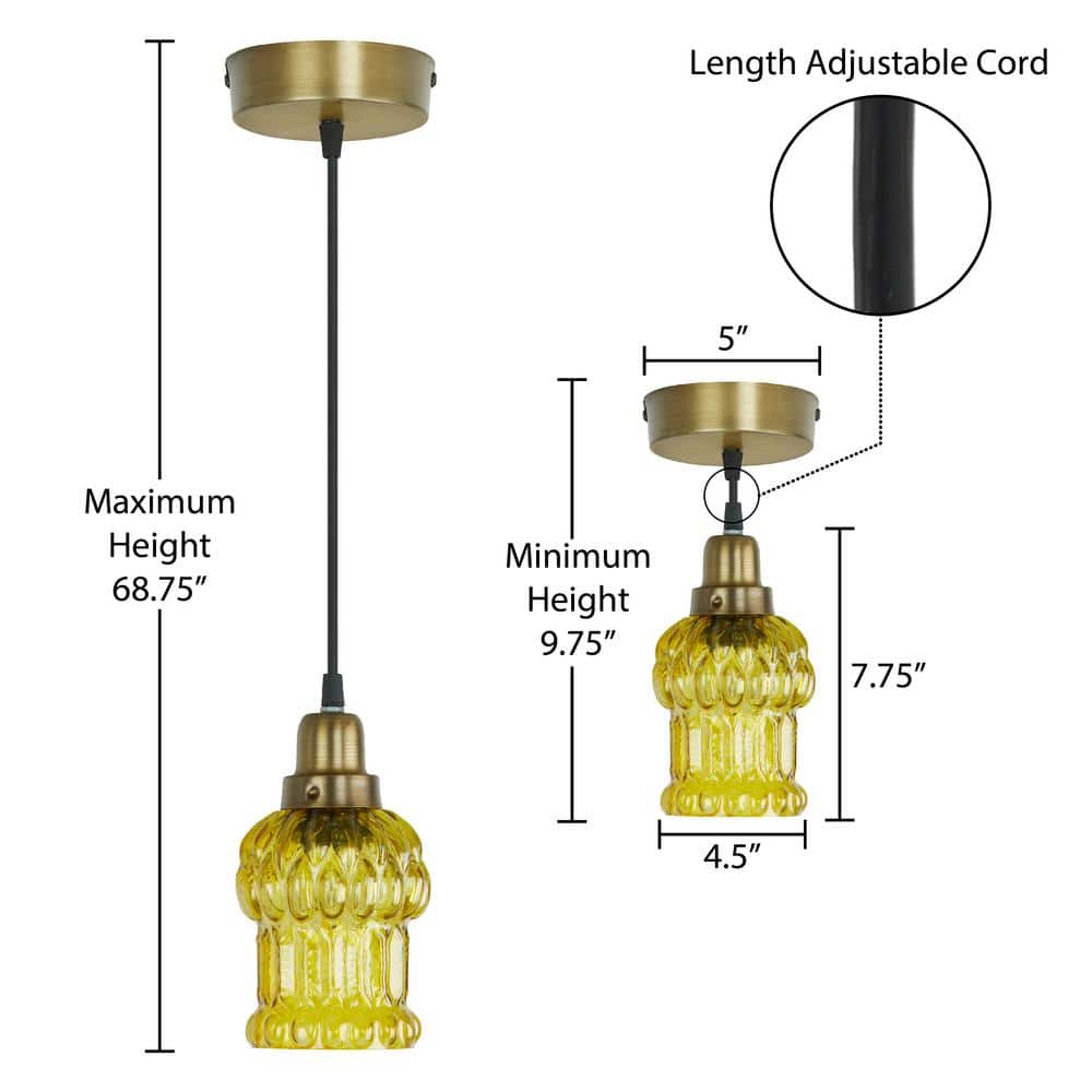 Yellow Textured Glass and Gold Metal Pendant Light, Adjustable Height