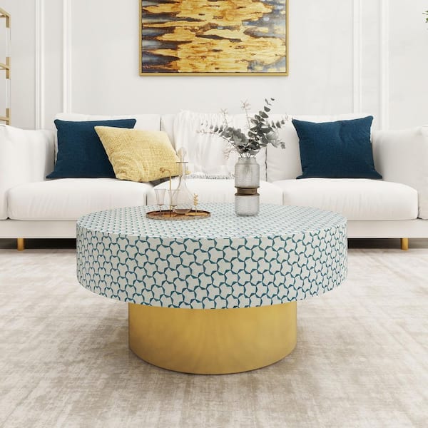 Beautifully Handcrafted Antique 32 in. Mother of Pearl Green Round Metal Storage Coffee Table Side Table with 2 Drawers
