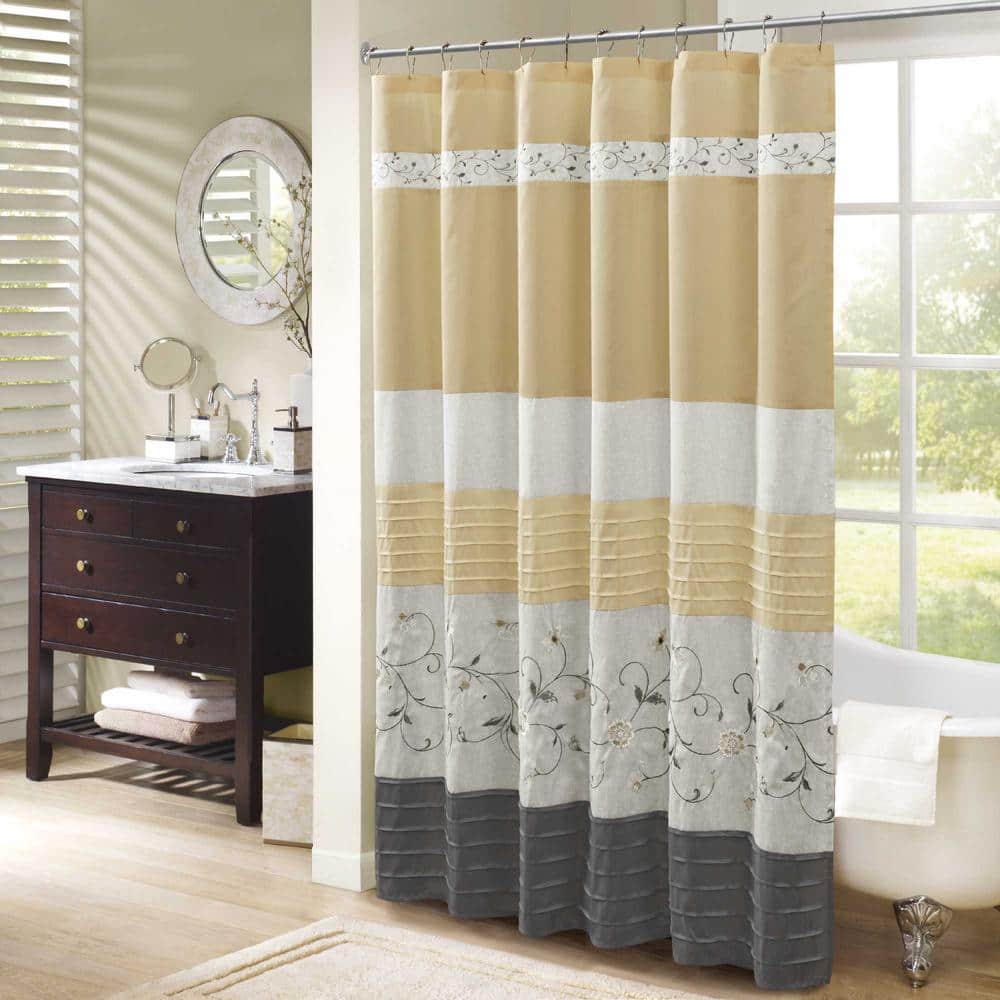 Embroidered Floral Faux Silk Shower Curtain in Yellow and Gray