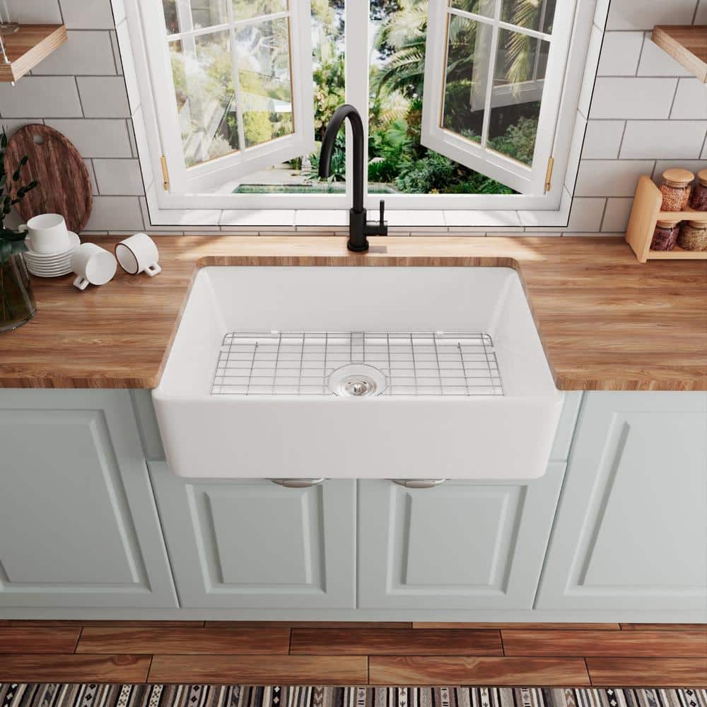 White Fireclay Farmhouse Single Bowl Kitchen Sink