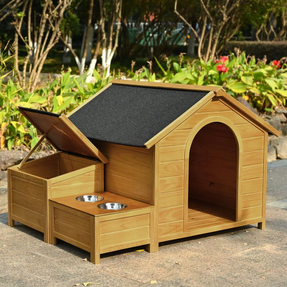 Large Wooden Dog House Crate Raised Dog Shelter with Asphalt Roof Solid Woo