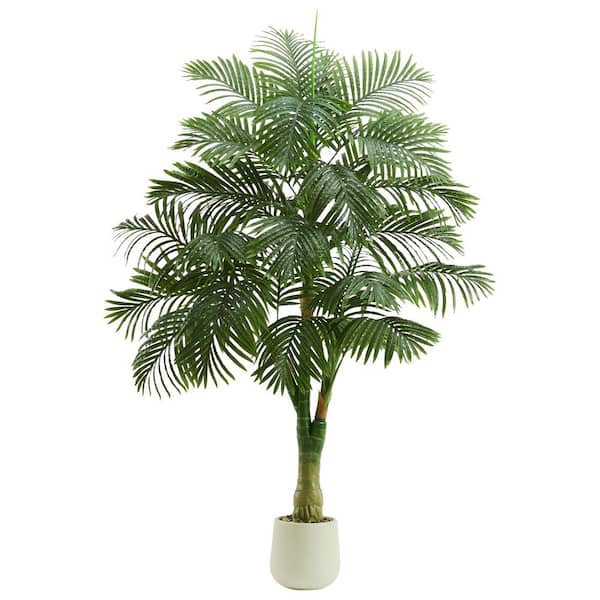 38.50 in. Artificial Golden Cane Palm Tree Indoor Outdoor Fake Plant with 3 Trunks in White Planter for Home