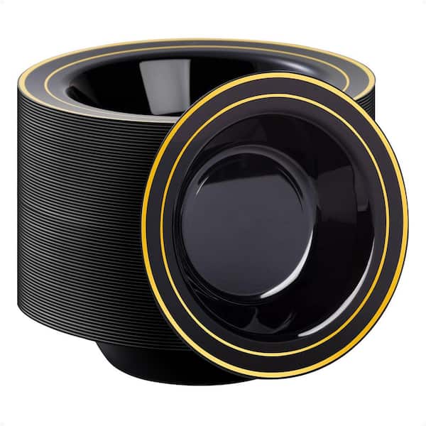 100-Pack 12 fl. oz. Black Plastic Bowls with Gold Rim, Disposable Soup & Dessert Bowls for Weddings, Parties, Dinners