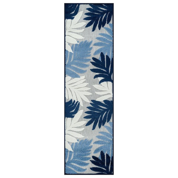 Palm Design Indoor/Outdoor High-Low Textured Runner Rug, Palm, Easy-Clean Patio Rug 2' x 7' Navy