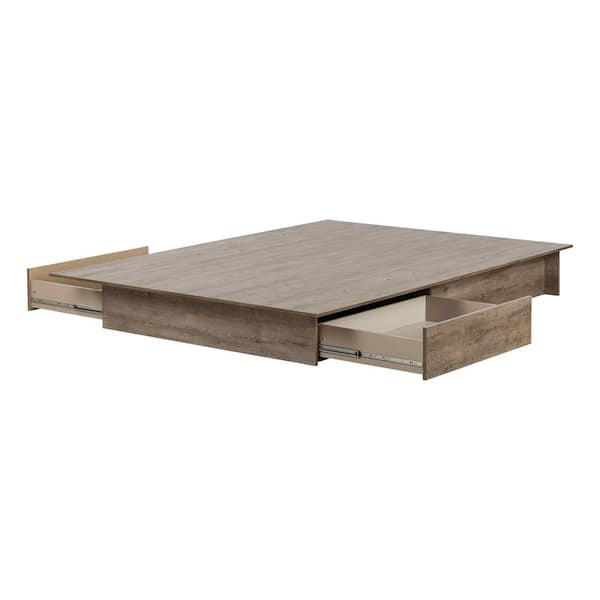 South Shore Step One Weathered Oak Full/Queen Size Bed 60 in. W with 2-Drawers
