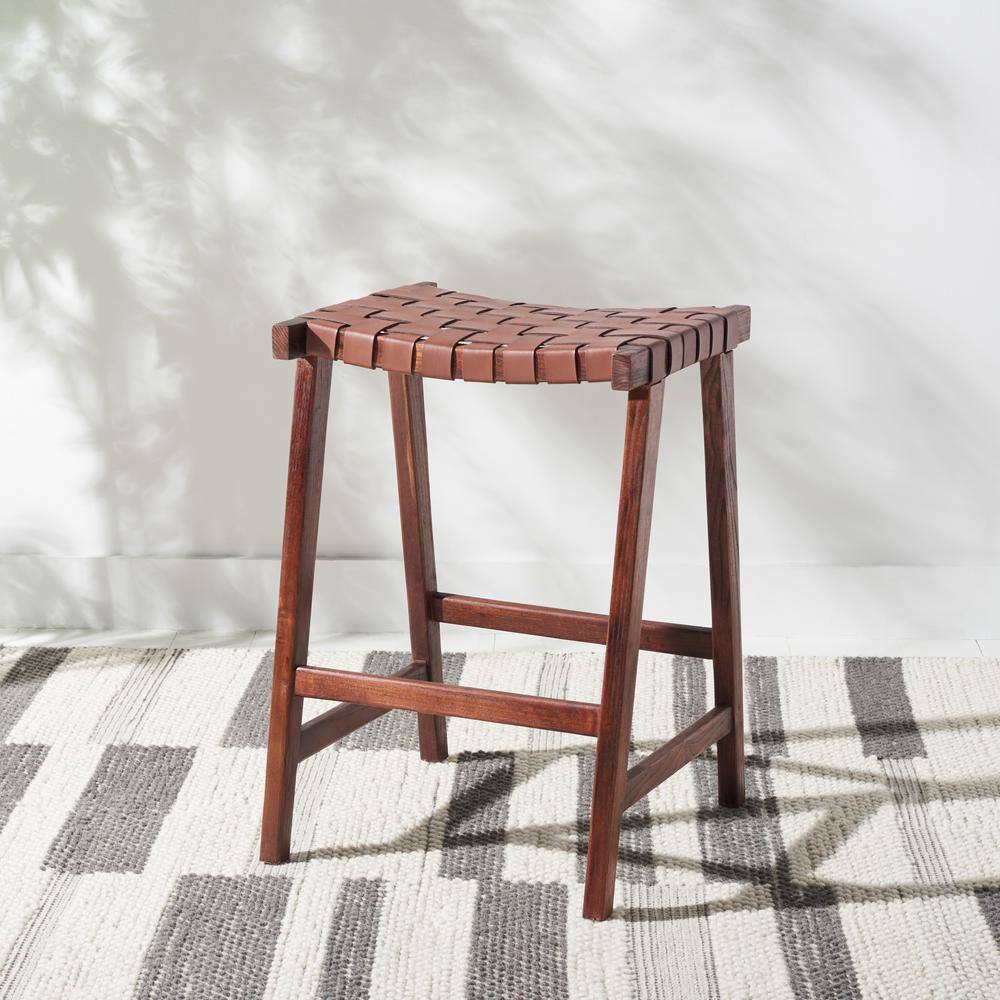 Cognac Woven Leather and Walnut Wood Backless Counter Stool