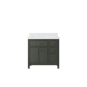 Sonoma 36 in. W x 22 in. D x 36 in. H Left Offset Sink Bath Vanity in Pewter Green with 2" White Quartz Top