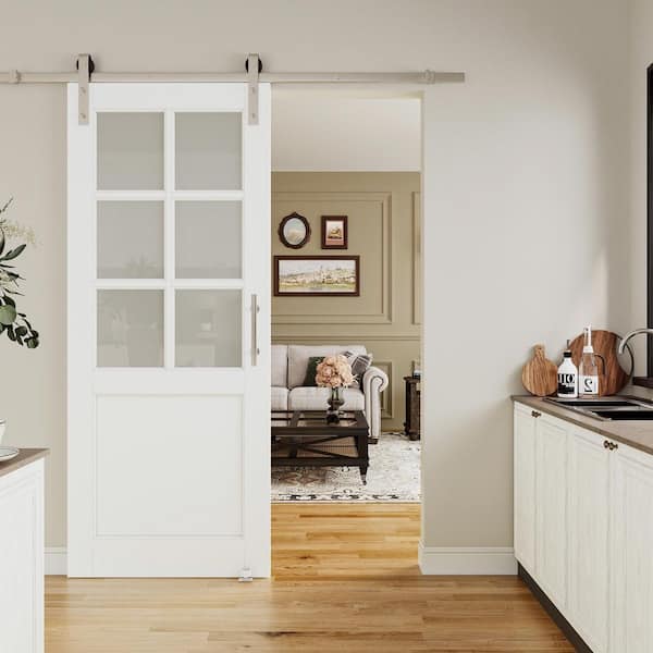 ARK DESIGN 32 in. x 80 in. 6 Lite Tempered Frosted Glass White Primed Solid Core MDF Sliding Barn Door with Hardware Kit Nickel