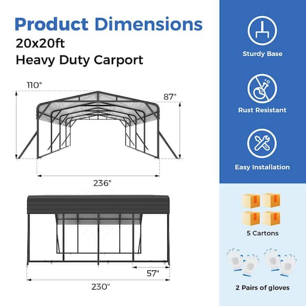 VIWAT 20 ft. W x 20 ft. D Metal Carport, Car Canopy and Shelter