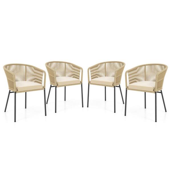 Black Metal Frame Outdoor Dining Chair with Beige Seat Cushion and Curved Backrest for Patio
