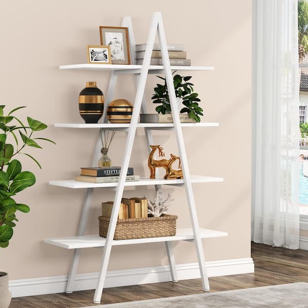 BYBLIGHT Eulas 65 in. White Wood 4-Shelf Ladder Bookcase, A-Shaped Bookcase Leaning Plant Stand Storage Rack
