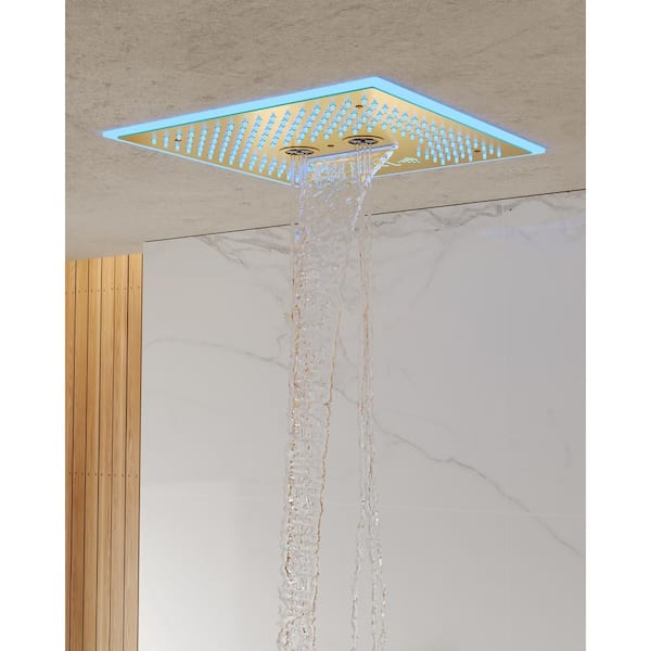 26-Spray 16in. Waterfall Dual Shower Heads Ceiling Mount Fixed and Handheld Shower Head in Brushed Gold