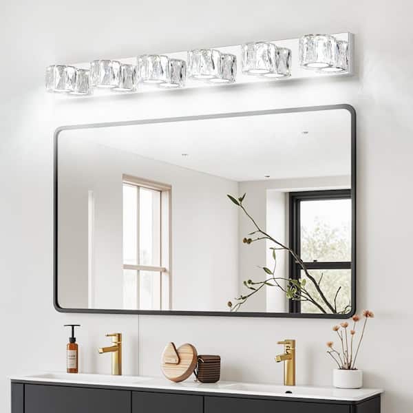 41 in. 6 Light Modern silver Grain Finish Vanity Light Fixture Bathroom Mirror Wall Lights　Clear Crystal Shades Living
