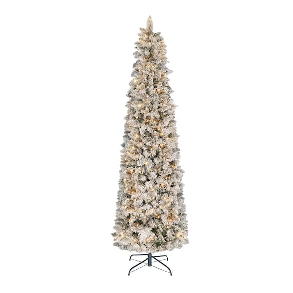 VEIKOUS 6.5 ft. White Flocked Pencil Artificial Christmas Tree with White LED Lights