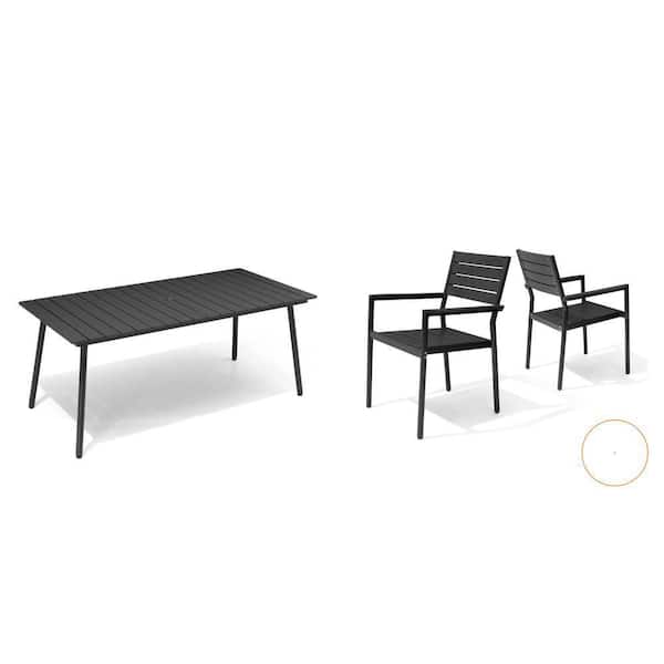 70 in. Black Aluminum Outdoor Dining Table with Umbrella Hole and Stackable Dining Chair (6-Pack)