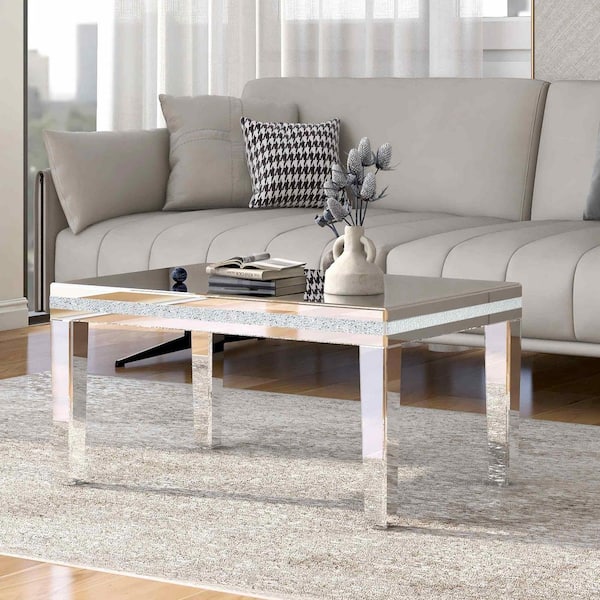Polibi 35.4 in. Silver Rectangle Glass Coffee Table with Crystal Design and Adjustable Height Legs
